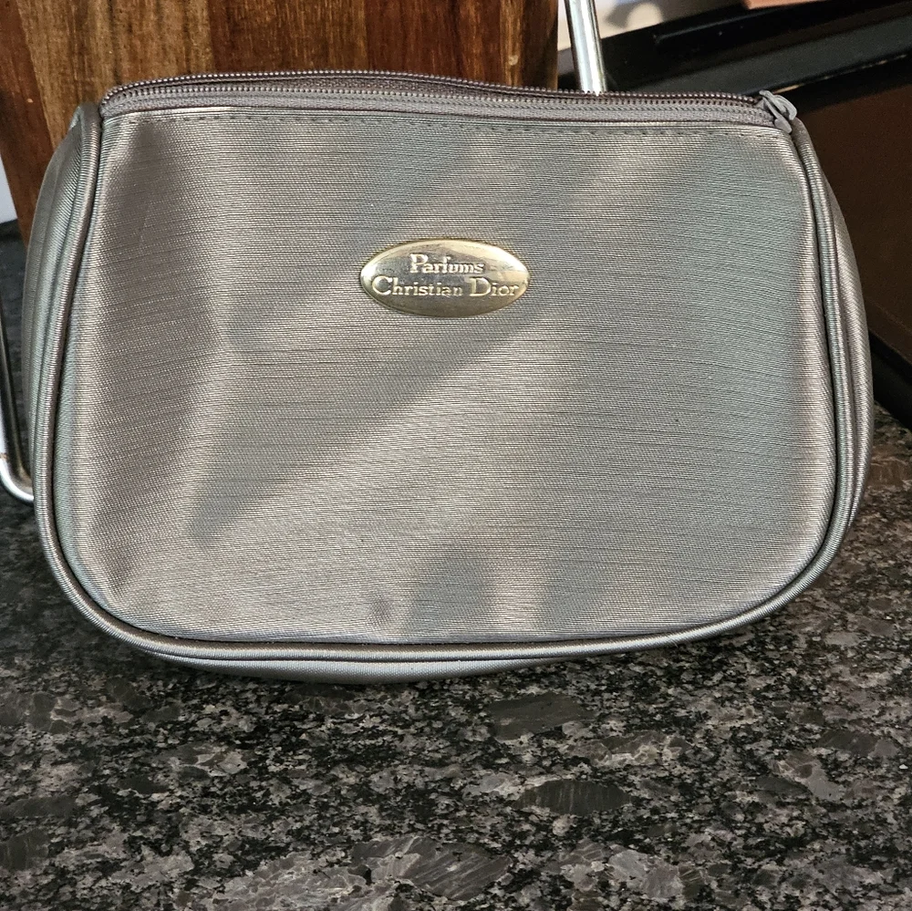 Parfums Christian Dior Bag Toiletry Pouch Make Up Cosmetic Storage Vtg Grey Gold